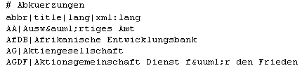 Abkürzungsliste: Abkürzung, Langform, Sprachkürzel