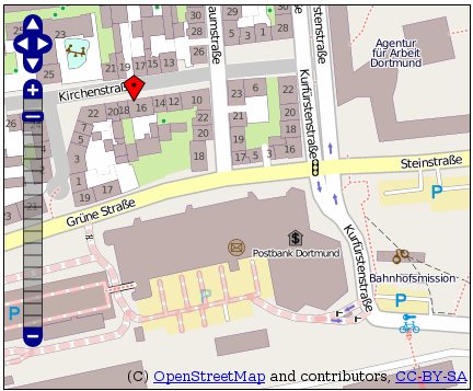 Ausschnitt einer online generierten Karte, mit Markierung der Adresse Kirchstr. 16 in Dortmund.