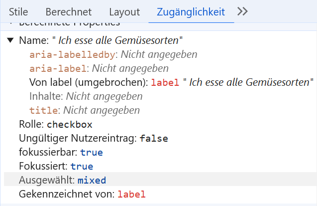 Screenshot: Eigenschaft der Tristate-Checkbox wird im Accessibility-Tree mit mixed angezeigt.