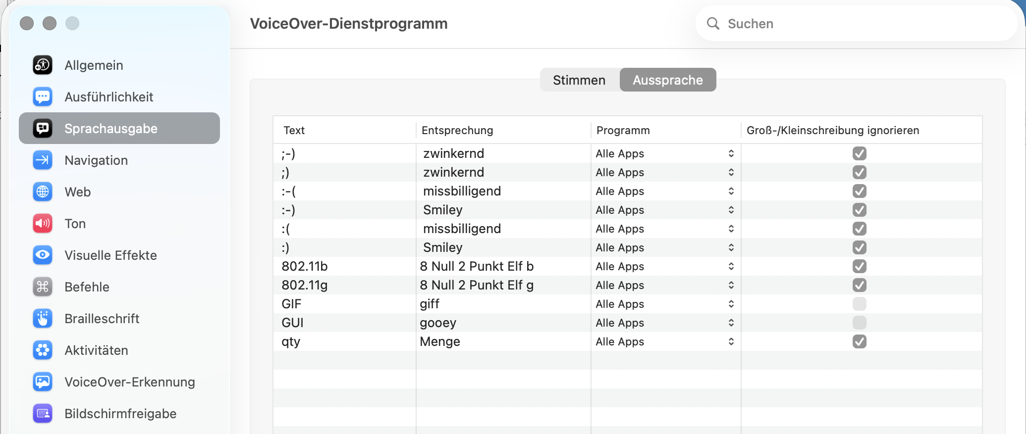 Einstellungen für die Sprachausgabe in VoiceOver: Eine Liste von Textsequenzen und ihre Aussprache kann bearbeitet und ergänzt werden