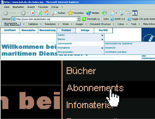 Zwei Ansichten eines Ausklappmenüs, eine Normalansicht und eine Ansicht mit invertierten Farben, bei der die Untermenüpunkte schwarz auf schwarz dargestellt werden