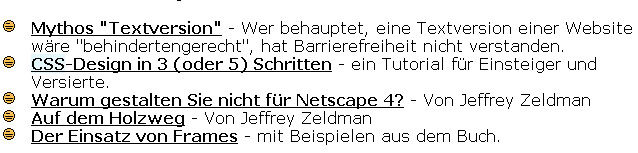 Darstellung von Links, die durch Unterstreichung und ein vorangestelltes Symbol gekennzeichnet sind und sich somit vom restlichen Text abheben