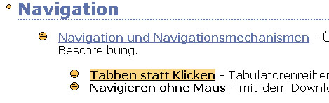 Kennzeichnung eines Links durch Hintergrundfarbe, um zu verdeutlichen, dass bei Mausklick bzw. durch Drücken der Eingabetaste der Link aktiviert wird