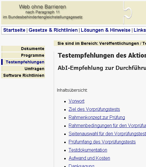 Die Darstellung der Seite mit einer horizontalen Hauptnavigation oben und einer Rubriknavigation links (wob11.de): Die Position der dargestellten Seite wird in der Rubriknavigation hervorgehoben