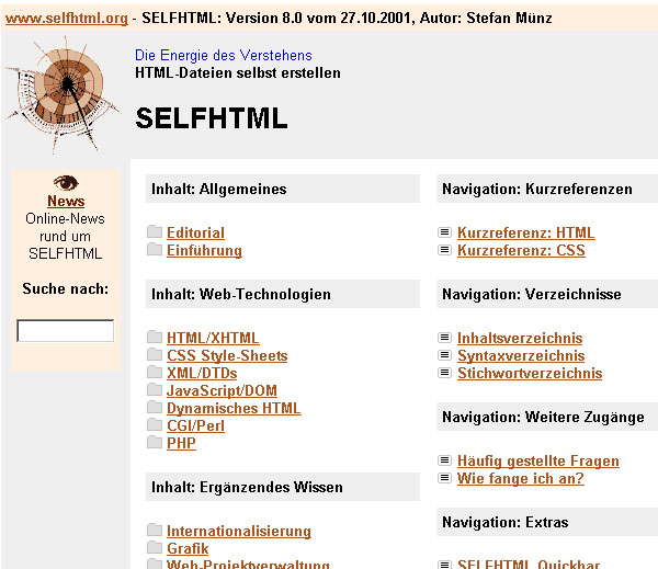 Darstellung der Startseite von SELFHTML