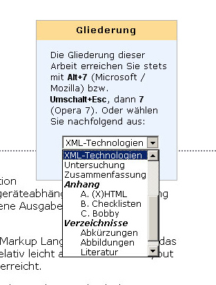 Zugang zu Teildokumenten. Von jedem Dokument, dass als Teildokument einer Dokumentenserie zu sehen ist, kann auf die anderen Teildokumente per Ausklappmenü zugegriffen werden.