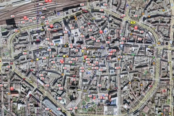 Darstellung der Innenstadt von Dortmund mit allen Points of Interest und Straßennamen