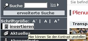 Bildschirmfoto: Steuerelemente zur Invertierung der Farben und zur Veränderung der Schriftgröße