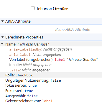 Eine Checkbox und die Ansicht im Accessibility Tree wo der Name, der Zustand und Fokussierbarkeit angezeigt wird.
