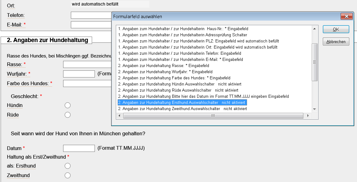 Formular im Browser und Liste der Formularelemente in einem davor liegenden Dialogfenster des Screenreaders