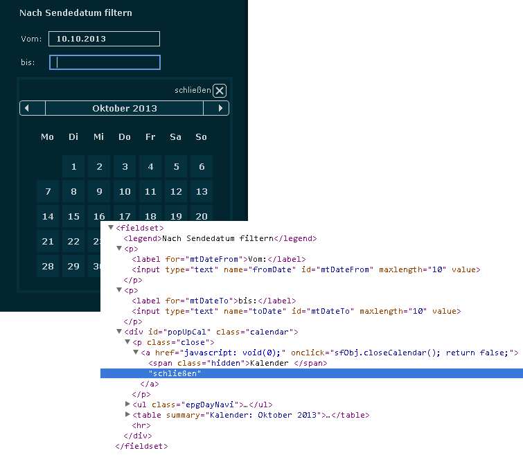 Zwei Ansichten: Browserdarstellung von zwei Eingabefeldern, wobei im ersten ein Datum steht und für das zweite Feld ein Kalender eingeblendet ist. Die zweite Ansicht zeigt den DOM-Baum mit den Eingabefeldern, gefolgt von einem Schließen-Button und dem eigentlichen Kalender