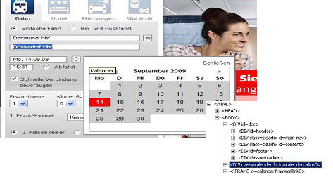 Zwei Ansichten: Browserdarstellung der Deutschen-Bahn-Seite mit eingeblendetem Kalender und versetzt eine DOM-Ansicht, in dem deutlich erkennbar ist, dass der Kalender am Ende der Seite steht.