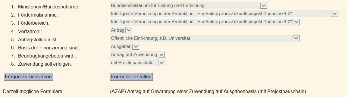 Das Ergebnis einer kontextuellen Auswahl: Es werden acht Auswahllisten angezeigt mit fortschreitend spezielleren Themen