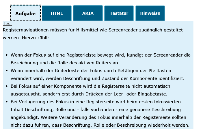 Beispiel eines Tabpanels mit 5 Reitern