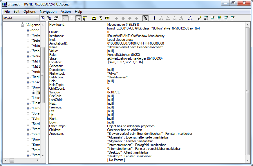 Screenshot vom Accessibility-Tree mit den zuvor genannten Angaben