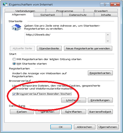 Dialogfenster der Windows Internetoptionen mit dem Fokus auf ein Kontrollkästchen