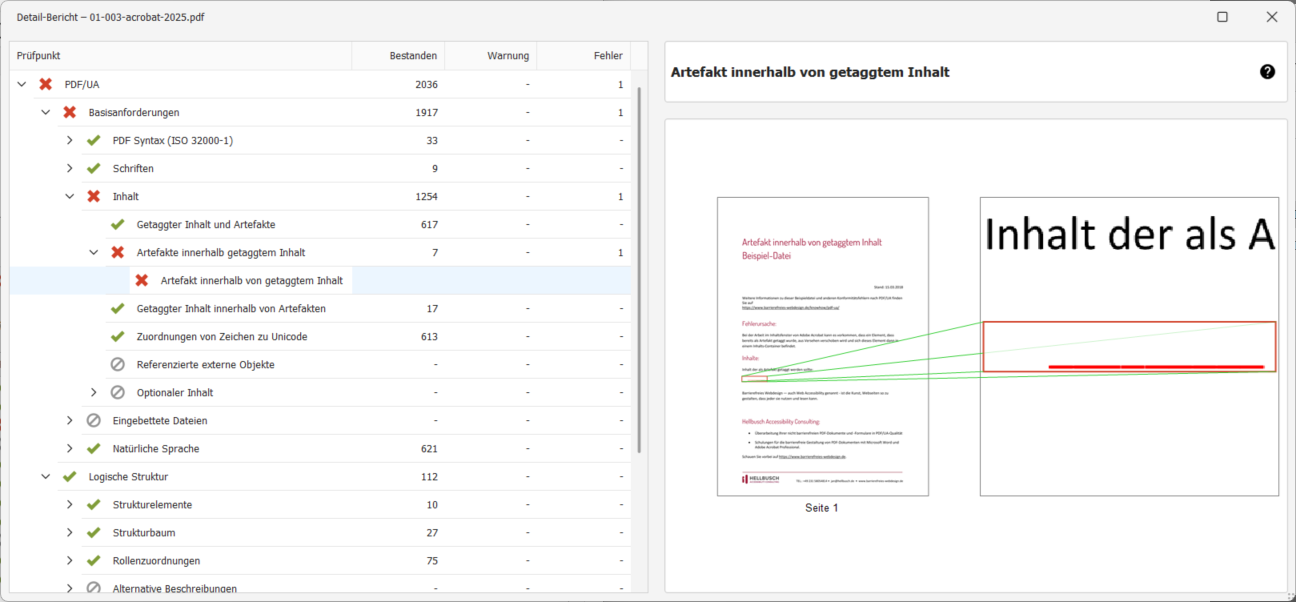 Die Fehlermeldung wird in einer Baumstruktur unter PDF/UA → Basisanforderungen → Inhalt → Artefakt innerhalb von getaggtem Inhalt angezeigt.