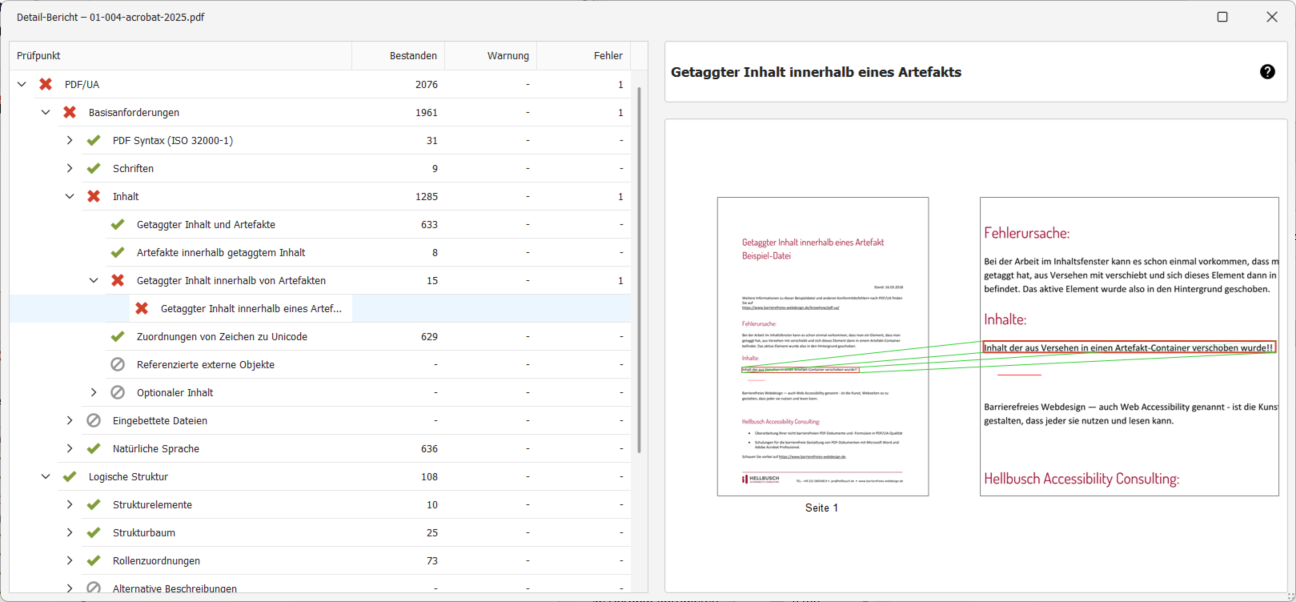 Die Fehlermeldung wird in einer Baumstruktur unter PDF/UA → Basisanforderungen → Inhalt → Getaggter Inhalt innerhalb Artefakte → Getaggter Inhalt innerhalb eines Artefakt angezeigt.