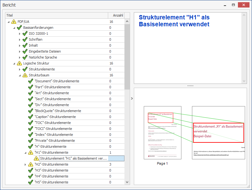 Die Fehlermeldung wird in einer Baumstruktur unter PDF/UA → Logische Struktur → Strukturbaum → XY-Strukturelemente → Strukturelement XY als Basiselement verwendet angezeigt.