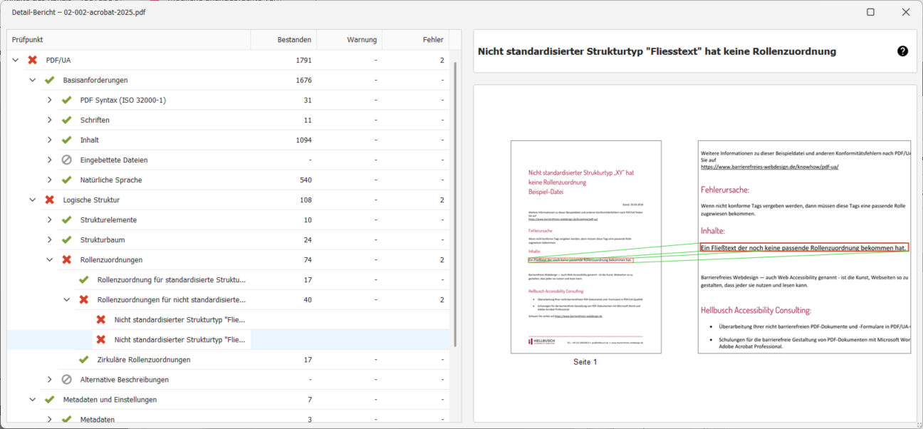 Die Fehlermeldung wird in einer Baumstruktur unter PDF/UA → Logische Struktur → Rollenzuordnungen → Rollenzuordnungenfür nicht standardisierte Strukturtypen → Nicht standadisierter Strukturtyp 