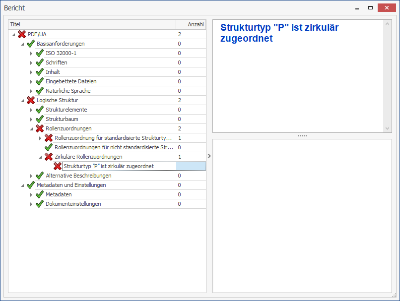 Die Fehlermeldung wird in einer Baumstruktur unter PDF/UA → Logische Struktur → Rollenzuordnungen → Zirkuläre Rollenzuordnung → Strukturtyp 