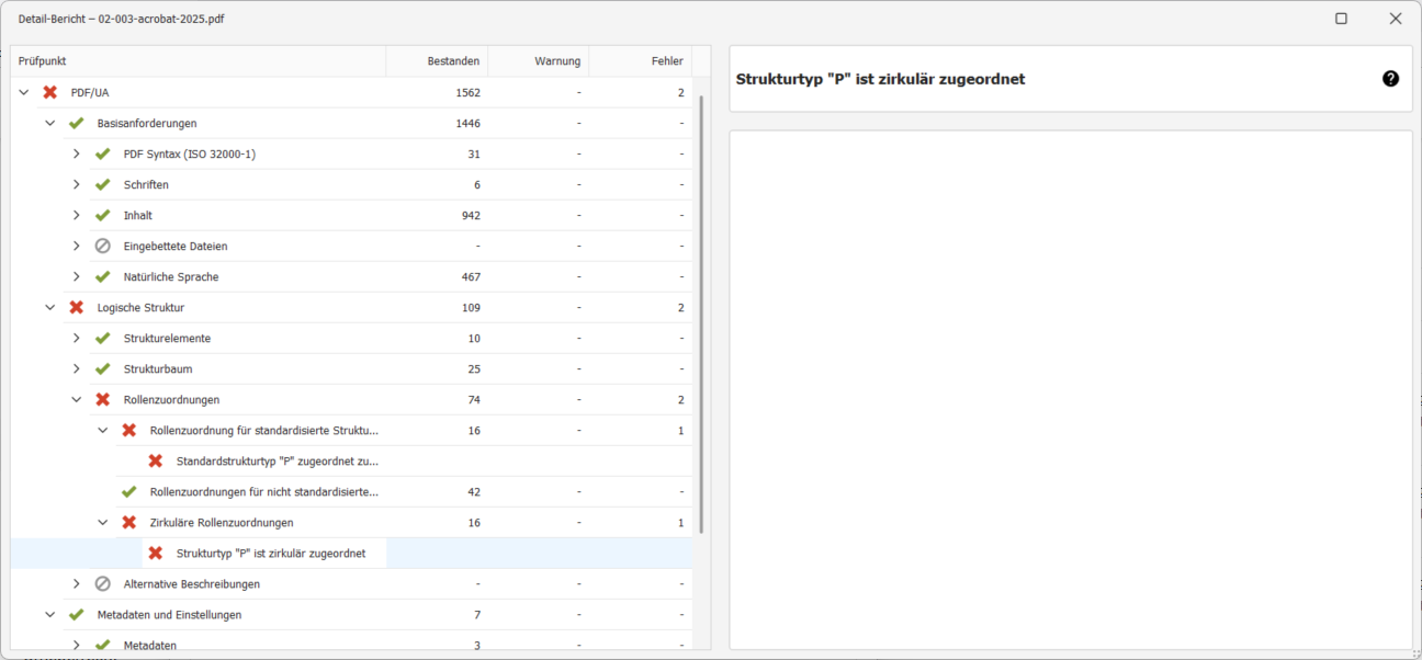 Die Fehlermeldung wird in einer Baumstruktur unter PDF/UA → Logische Struktur → Rollenzuordnungen → Zirkuläre Rollenzuordnung → Strukturtyp