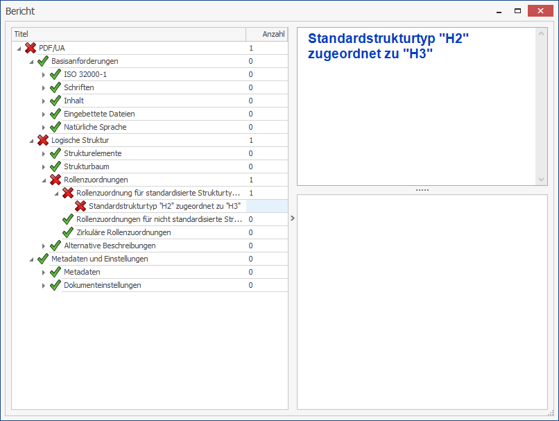 Die Fehlermeldung wird in einer Baumstruktur unter PDF/UA → Logische Struktur → Rollenzuordnungen → Rollenzuordnungenfür standardisierte Strukturtypen → Standardstrukturtyp 