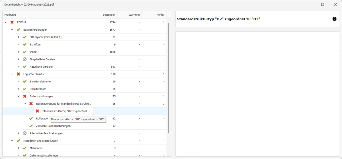 Die Fehlermeldung wird in einer Baumstruktur unter PDF/UA → Logische Struktur → Rollenzuordnungen → Rollenzuordnungenfür standardisierte Strukturtypen → Standardstrukturtyp 