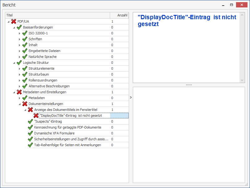 Die Fehlermeldung wird in einer Baumstruktur unter PDF/UA → Metadaten und Einstellungen → Dokumenteinstellungen → Anzeige des Dokumenttitels im Fenstertitel → 