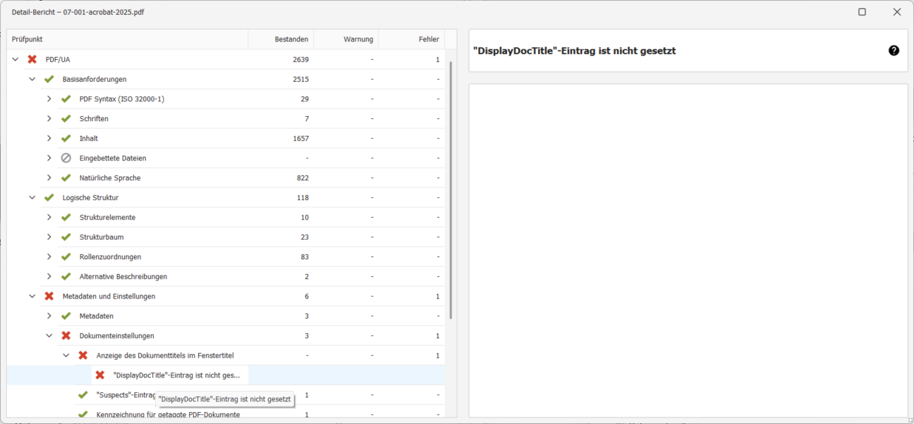 Die Fehlermeldung wird in einer Baumstruktur unter PDF/UA → Metadaten und Einstellungen → Dokumenteinstellungen → Anzeige des Dokumenttitels im Fenstertitel → 