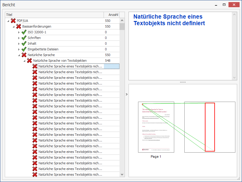 Die Fehlermeldung wird in einer Baumstruktur unter PDF/UA → Basisanforderungen → Natürliche Sprache → Natürliche Sprache von Textobjekten → Natürliche Sprache eines Textobjekts nicht definiert angezeigt.