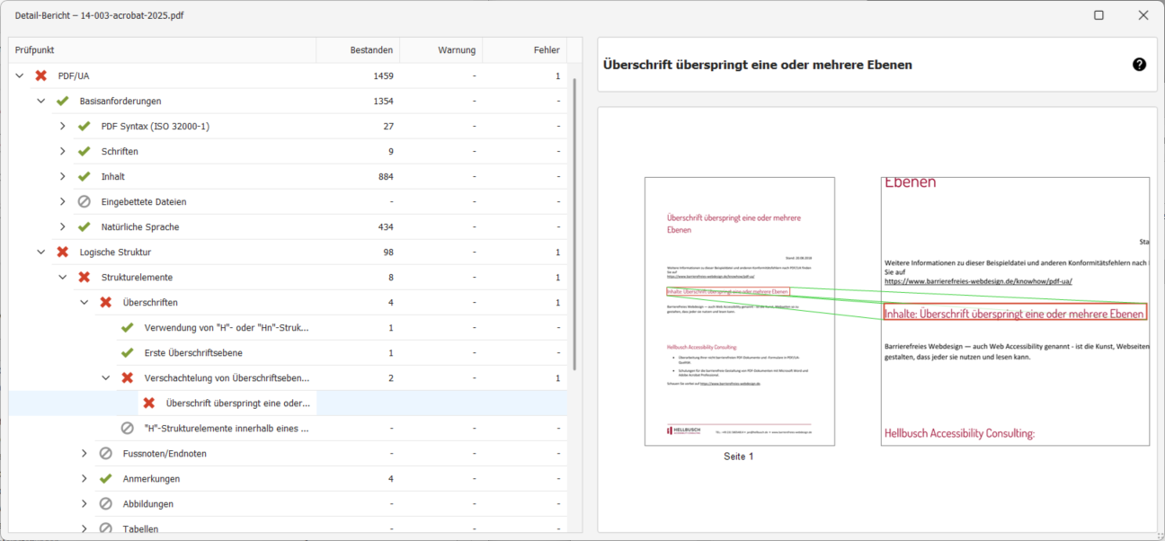 Die Fehlermeldung wird in einer Baumstruktur unter PDF/UA → Logische Struktur → Strukturelemente → Überschriften → Verschachtelung von Überschriftenebenen → Überschrift überspringt eine oder mehrere Ebenen angezeigt.