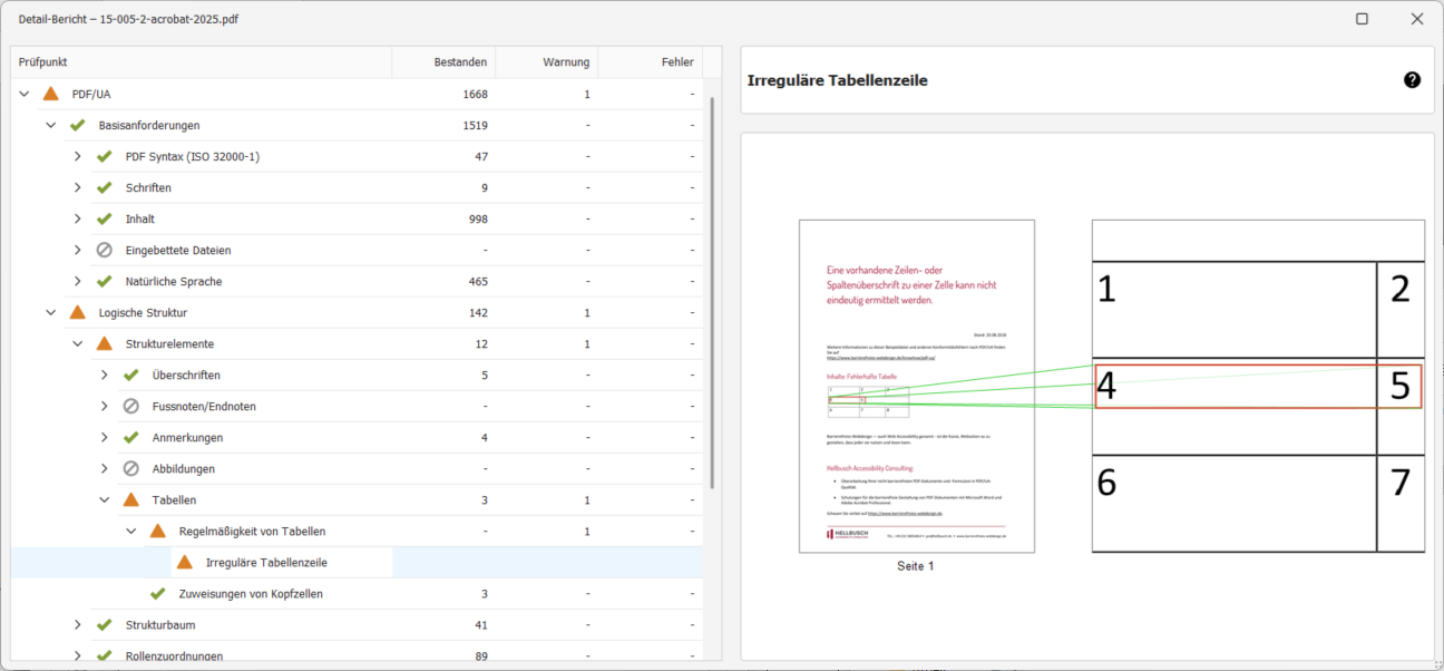 Die Fehlermeldung wird in einer Baumstruktur unter PDF/UA → Logische Struktur → Strukturelemente → Tabellen → Reguläre Tabellen → Irreguläre Tabellenzeile angezeigt.