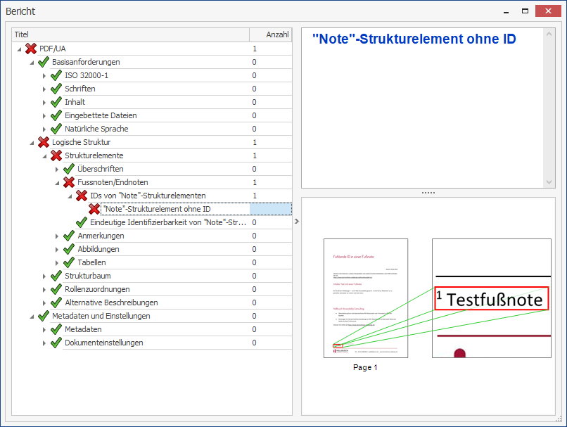 Die Fehlermeldung wird in einer Baumstruktur unter PDF/UA → Logische Struktur → Strukturelemente → Fussnoten/Endnoten → IDs von 