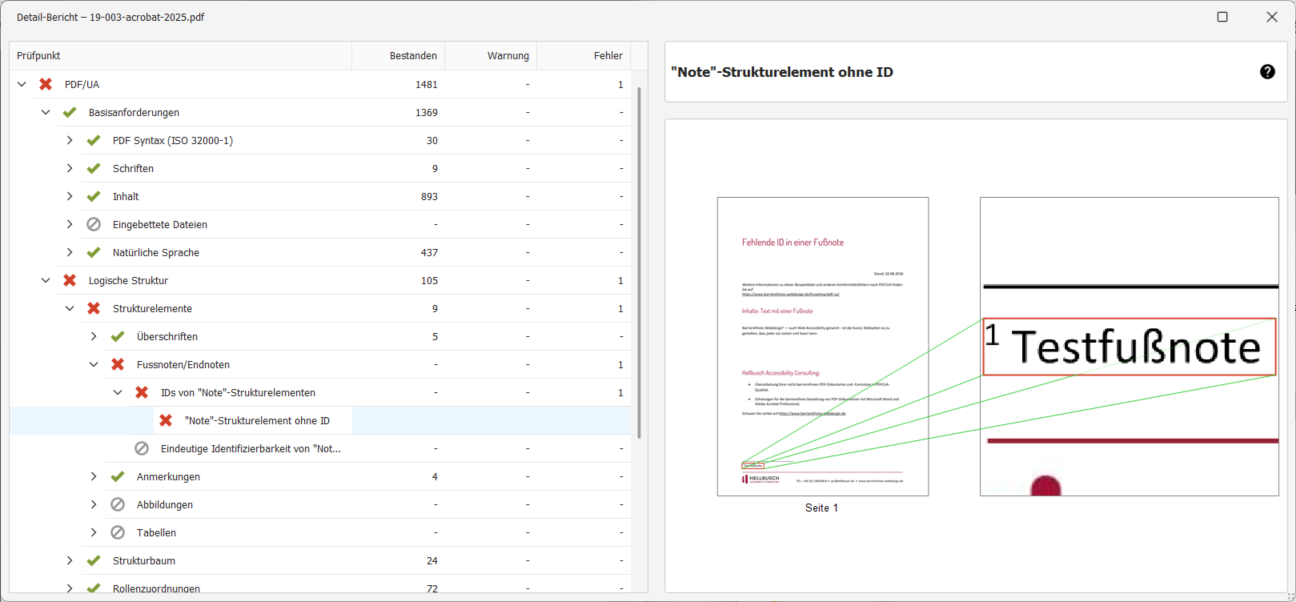 Die Fehlermeldung wird in einer Baumstruktur unter PDF/UA → Logische Struktur → Strukturelemente → Fussnoten/Endnoten → IDs von 