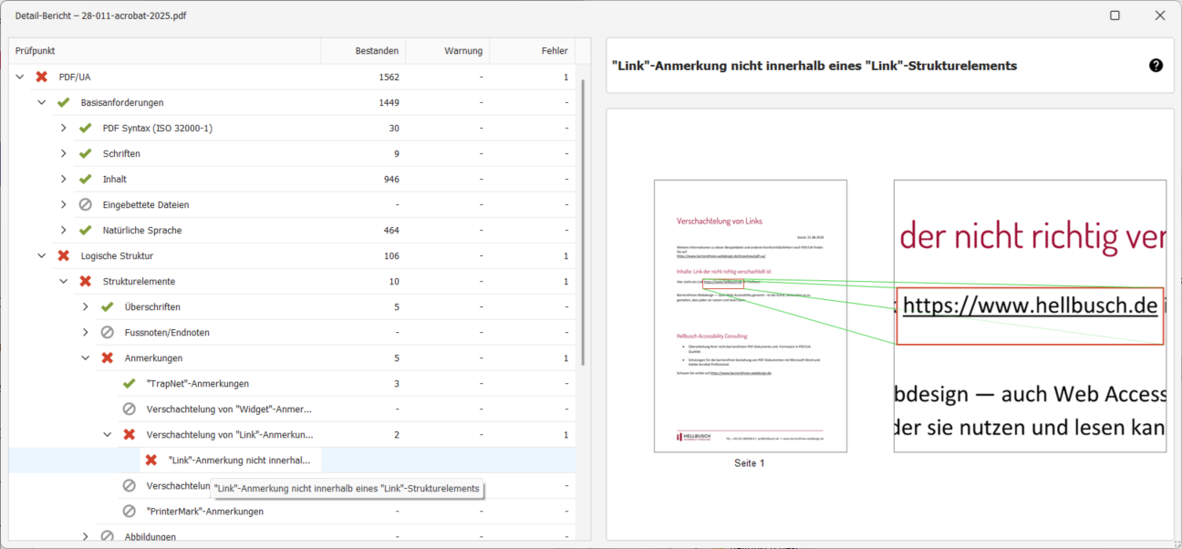 Die Fehlermeldung wird in einer Baumstruktur unter PDF/UA → Logische Struktur → Strukturelemente → Anmerkungen → Verschachtelung von 