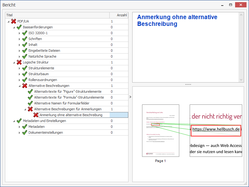 Die Fehlermeldung wird in einer Baumstruktur unter PDF/UA → Logische Struktur → Alternative Beschreibungen → Alternative Beschreibungen für Anmerkungen → Anmerkung ohne alternative Beschreibung angezeigt.