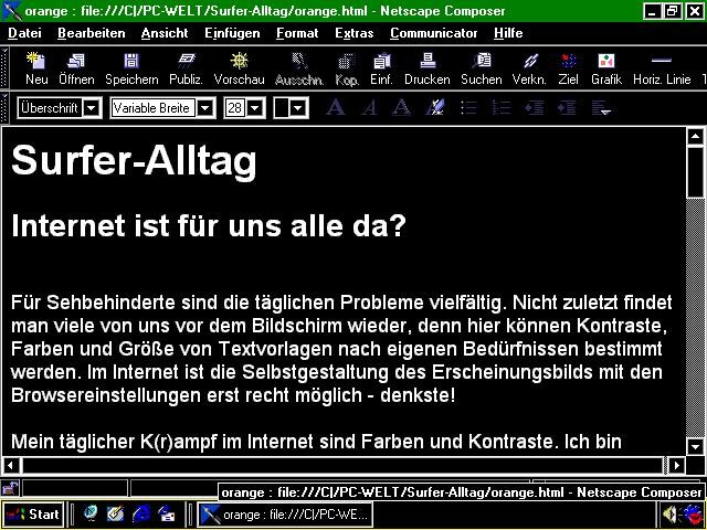 Bildschirmfoto: Beispiel einer Bildschirmanzeige mit invertierten Farben (weißer Text auf schwarzem Hintergrund)