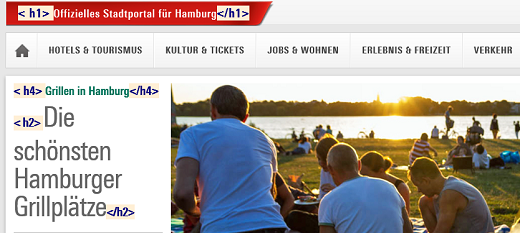 Startseite von hamburg.de mit hervorgehobenen Überschriften; der Banner ist die H1