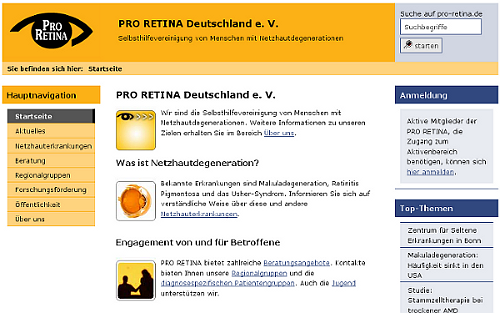 Screenshot: Erkennbare Strukturen für Überschriften, Abschnitte, Navigationsblöcke auf den Seiten der PRO RETINA.